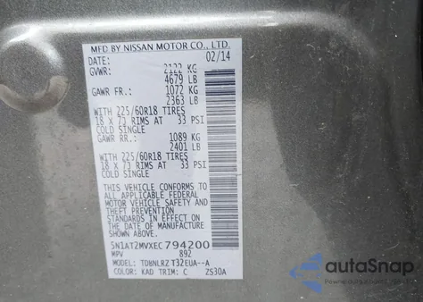 2014 Nissan Rogue Sl z USA, uszkodzony, nr VIN 5N1AT2MVXEC794200